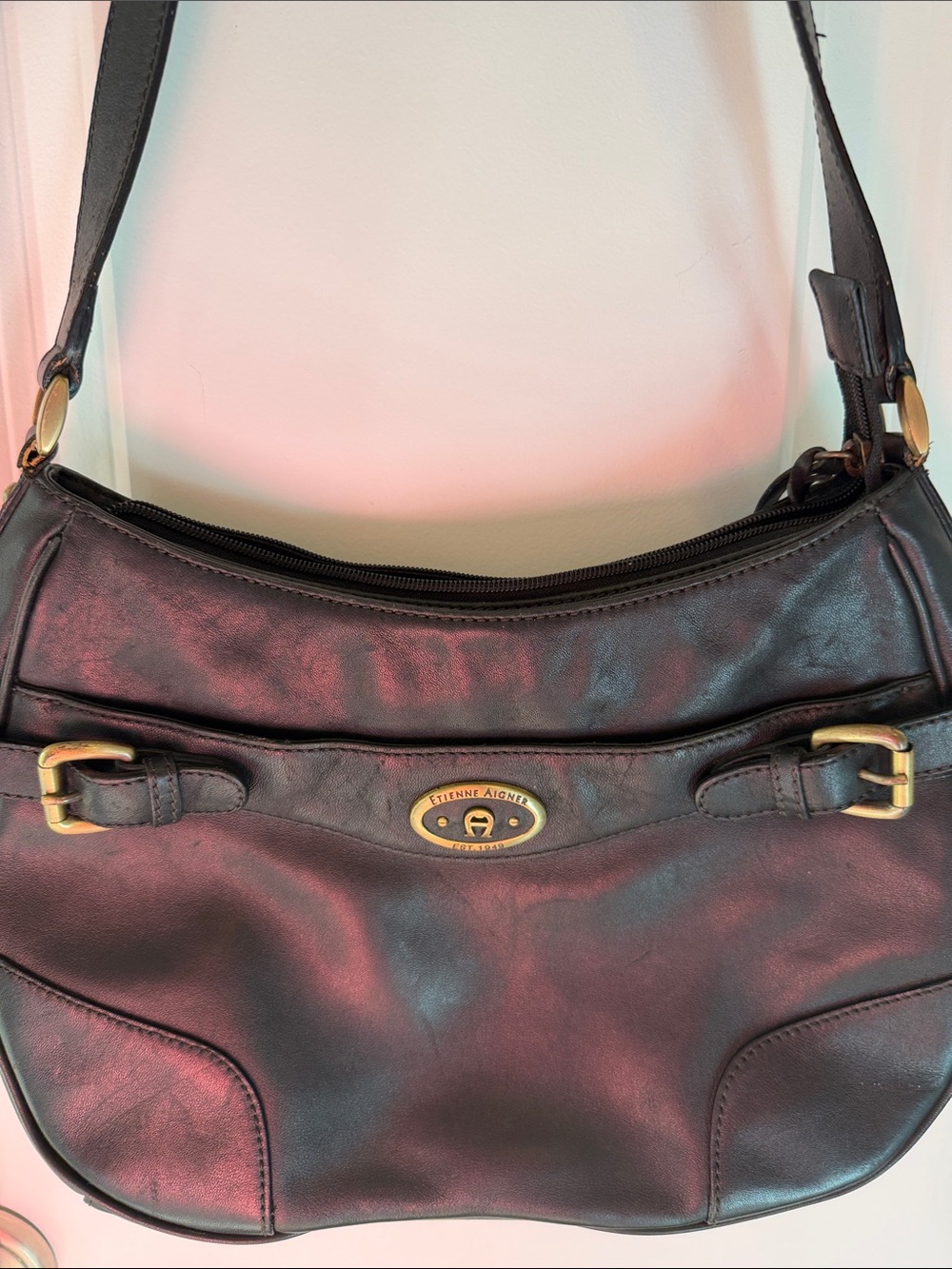 Etienne Aigner Black Leather Shoulder Bag with Gold Hardware